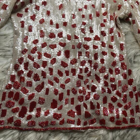 Vintage 100% Silk White & Red Fully Sequin & Beaded Shirt Top - Picture 6 of 16